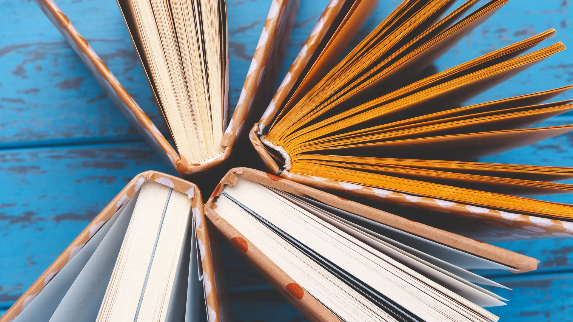 Open books fanned out on a blue surface, representing publication opportunities