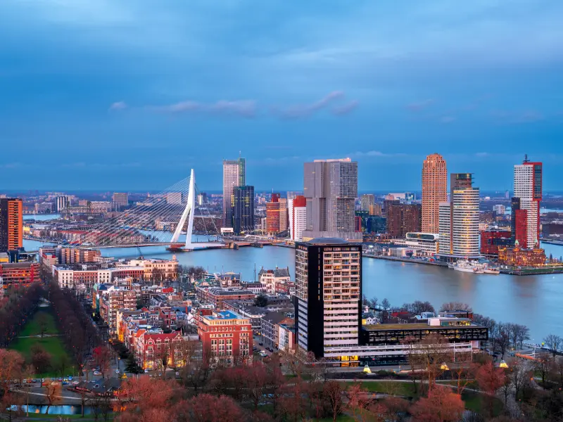 Rotterdam skyline at dusk over the river Maas